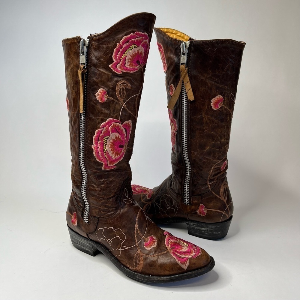 OLD GRINGO Abby Rose Pink Embroidered Floral Distressed Brown Cowboy Biker Boots - Picture 2 of 14
